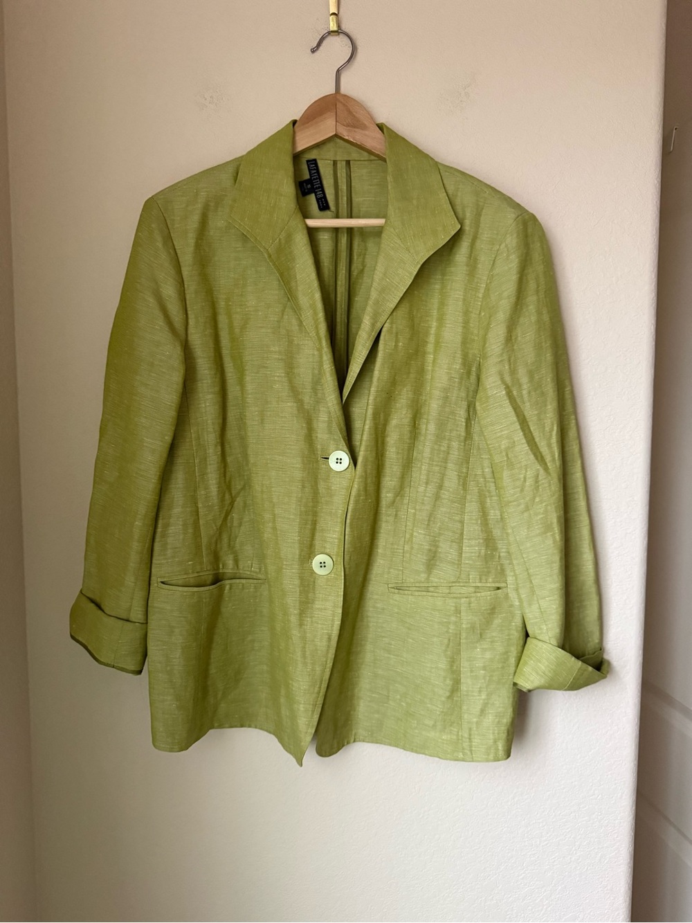 Lafayette 148 New York Chartreuse Green Two-Button Blazer Size 16 Linen Wool